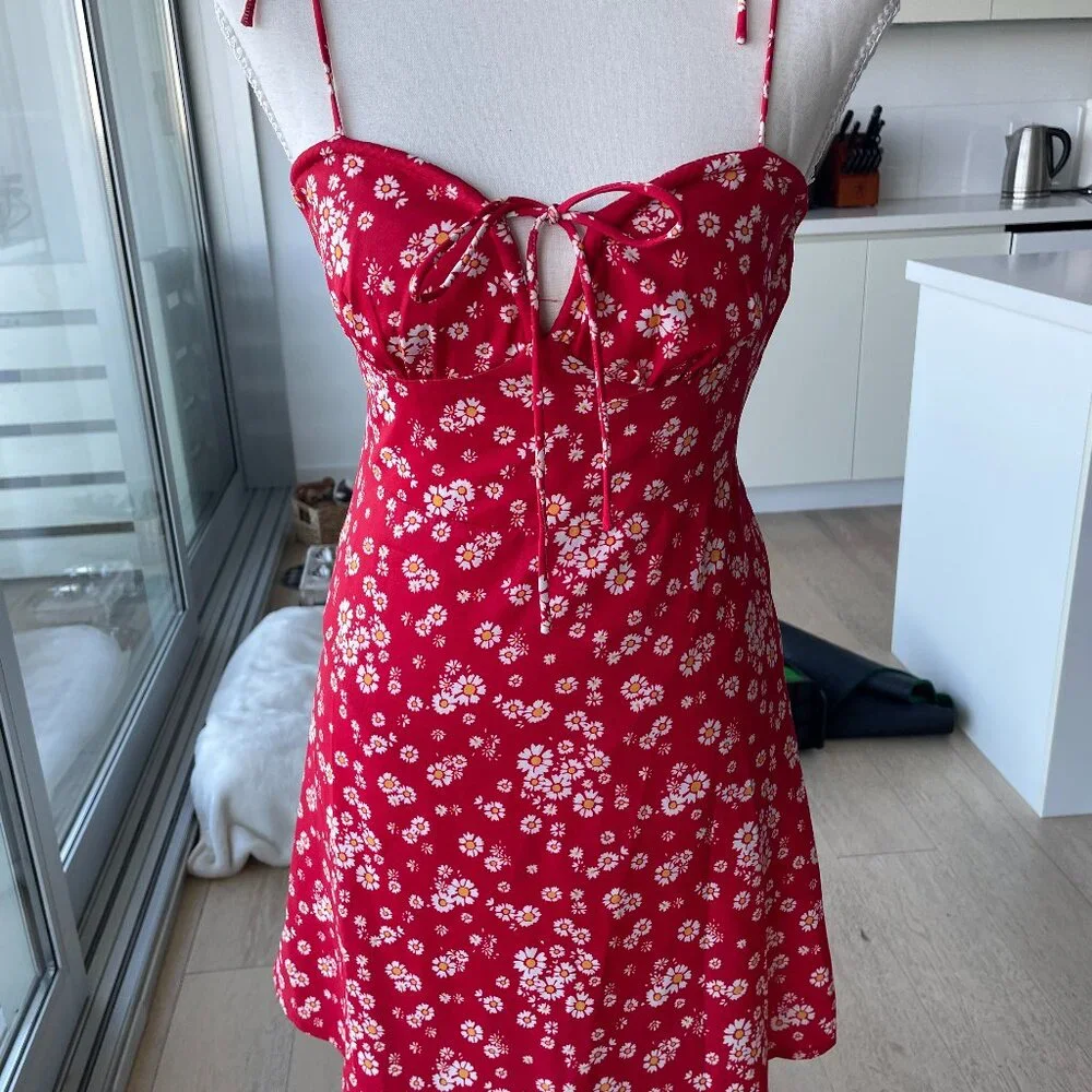 White Fox Boutique Red Floral Adjustable Spaghetti Strap Dress (XS) - Picture 1 of 8